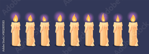Candle flame animation. Candlelight burning wax fire animation, 2d video game sprite sheet movement flickering sequence step cartoon candles stage loop, neat vector illustration