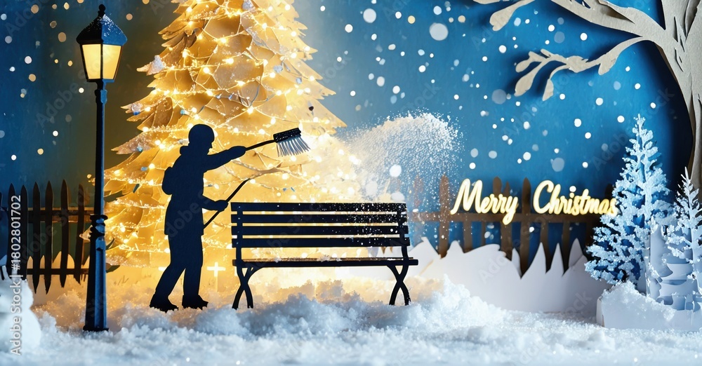 Fototapeta premium Winter scene depicts person clearing snow near festive tree, bench. Snowy landscape, illuminated streetlamp, holiday greeting visible.