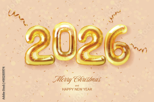 New year balloon numbers. 2026 realistic balloons golden number happy christmas winter holiday greeting celebration festive banner design 3d helium ballon exact vector illustration