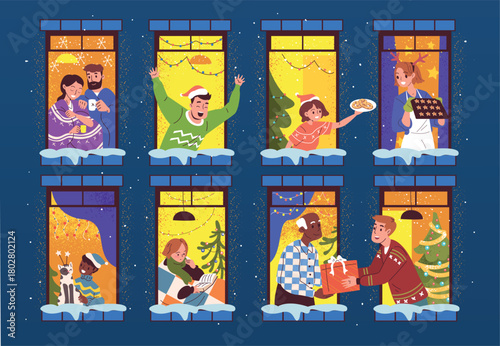 People christmas window. Family in winter decorated windows merry xmas home celebration inside house, neighborhood lights neighbors give gifts share food classy vector illustration