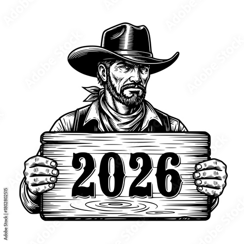 A tough cowboy holding a sign with the year 2026, a symbol of anticipation, hope, and vision, in striking monochrome. vector illustration
