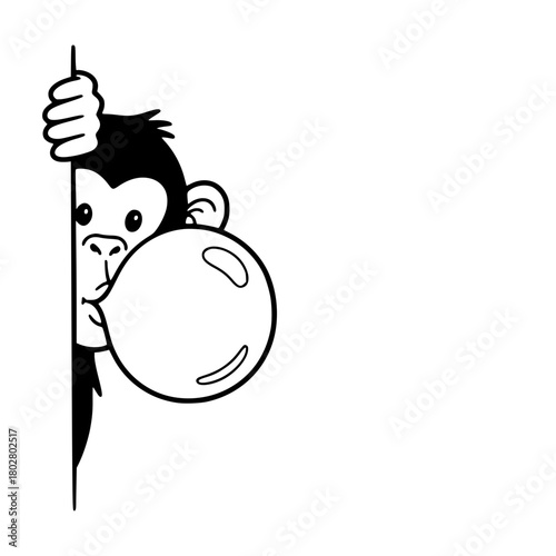 A curious monkey peers around the corner, blowing a giant bubble gum in a minimalist, black and white illustration, embodying playful mischief and childlike wonder. vector illustration
