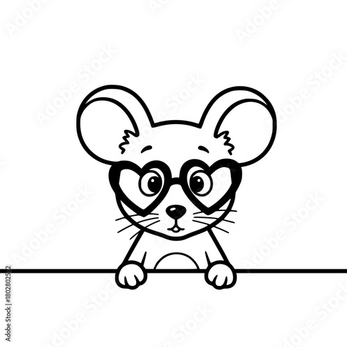 An adorable mouse with heart-shaped glasses is peeking over a line, creating a charming and whimsical scene. vector illustration