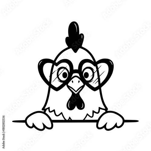A charming and quirky chicken illustration wearing spectacles peering over an edge. vector illustration