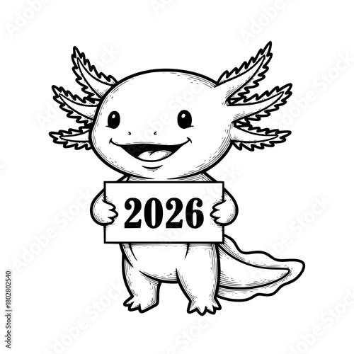 An adorable axolotl, beaming with glee, holds a sign proclaiming the year 2026. This charming illustration is a perfect blend of cuteness and anticipation.  vector illustration