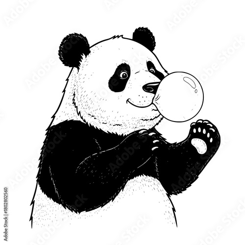 A whimsical panda blows a giant bubble with a playful expression. The captivating illustration presents the amusing personality of a charming bear. vector illustration