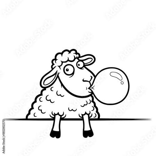 A comical sheep with fluffy wool, blows a playful bubble of gum, creating a fun, quirky, and whimsical illustration perfect for children's projects. vector illustration