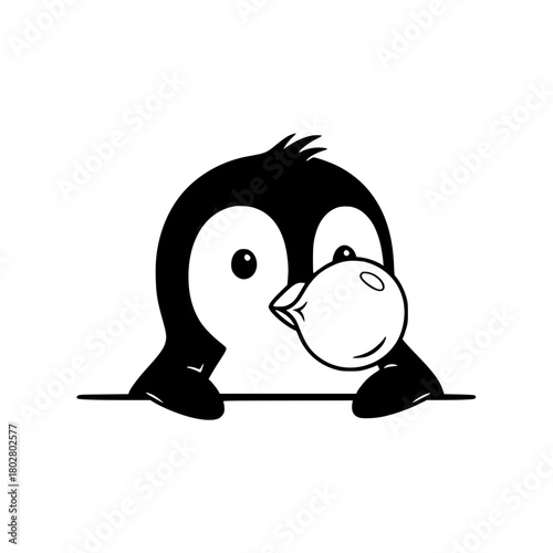 An adorable cartoon penguin, with a playful personality and big eyes. It is depicted as blowing a bubble gum. vector illustration