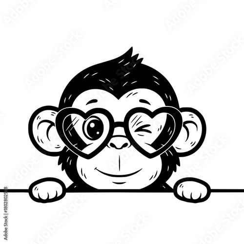 An adorable monkey, winking with playful charm, wears heart-shaped glasses. A whimsical, black-and-white illustration. vector illustration