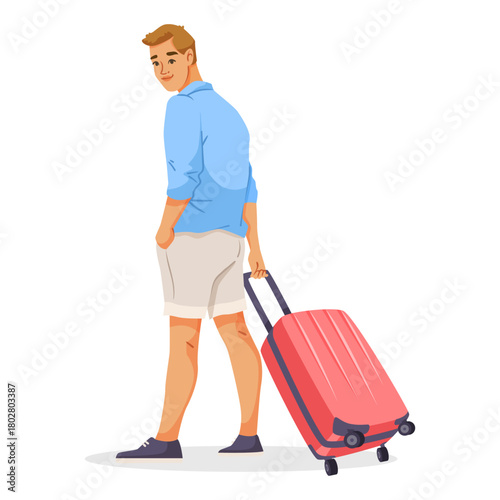 Man in casual clothes holding red suitcase, cartoon style, white background. Concept of travel, tourism, vacation. Vector illustration