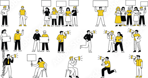 Collection of hand-drawn people protesting, holding blank signs and shouting into megaphones, isolated minimalist vector illustration set for activism.