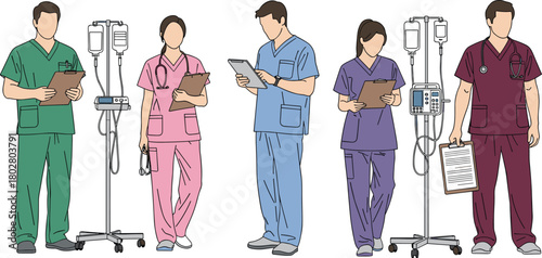 Collection of medical professionals, including male and female nurses and doctors in colorful scrubs, with IV drips and clipboards, isolated flat vector illustration.