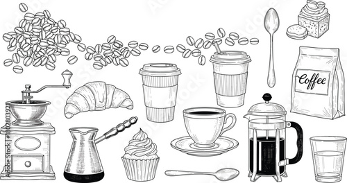 Hand-drawn, vintage-style coffee collection, including grinder, french press, cups, beans, croissant, and pastries, isolated as a complete sketch illustration set.