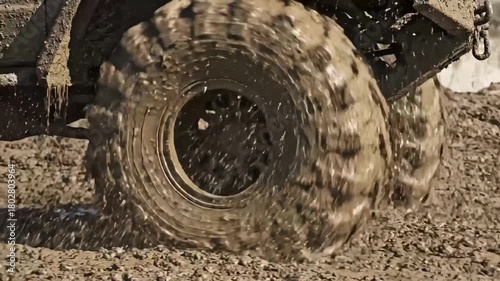 close-up desert tire churning dust, large all-terrain wheel bites into sandy soil and spins violently, gritty tread throwing clouds of powder, undercarriage and rim detail visible, action-packed