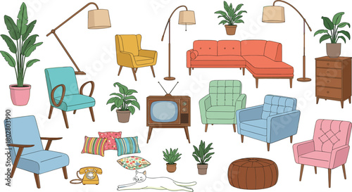 Set of colorful retro furniture and home decor, including sofa, armchairs, lamps, houseplants, vintage tv, and cat, isolated vector illustration collection.