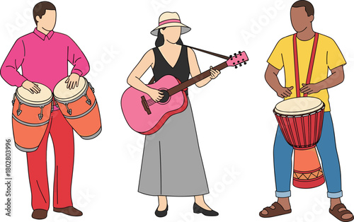 Set of diverse musicians playing acoustic guitar, conga drums, and djembe, isolated colorful flat design illustration of a music band.