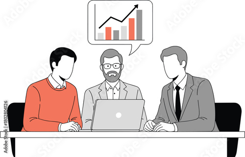 Three businessmen in a meeting discussing a rising growth chart, illustrating business success, data analysis, and financial presentation, vector illustration.