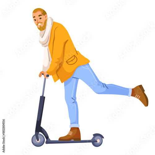 Bearded man in yellow jacket and scarf riding an electric scooter, flat graphic style, isolated on white background. Concept of eco transport. Vector illustration