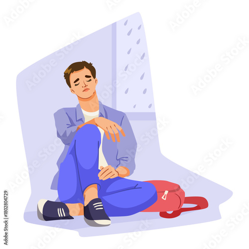 Young man sits on floor with sad expression near window on rainy day, casual style, indoor background. Concept of loneliness and depression. Vector illustration