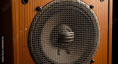 Close up of a vintage wooden speaker with a metal grill and visible screws on a dark background
