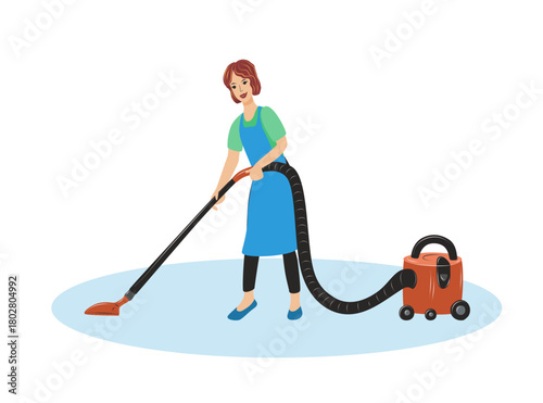 Vector women cleaner in uniform with vacuum cleaner isolated. Housekeeping and janitorial staff illustration on white background.