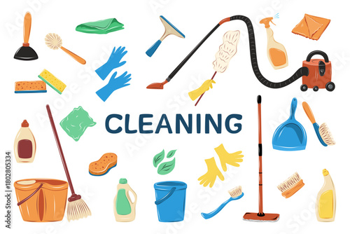 Vector cleaning tools set with mop, bucket, gloves, sponges, detergent, vacuum and brushes. Colorful flat cartoon collection of household supplies for cleaning and home care.