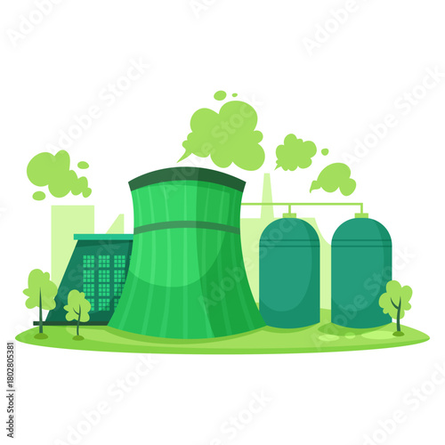 Eco-friendly green power plant with cooling towers and tanks, flat cartoon style on white background. Concept of sustainable energy. Vector illustration