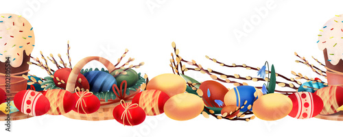 Horizontal Easter border with festive cakes, bright eggs and willow branches arranged in a decorative line on a white background, suitable for greeting cards, invitations and seasonal holiday layouts