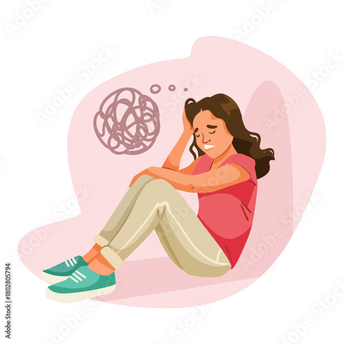 Woman sitting on floor looking stressed and anxious, cartoon style on abstract pink background. Concept of mental health and depression. Vector illustration