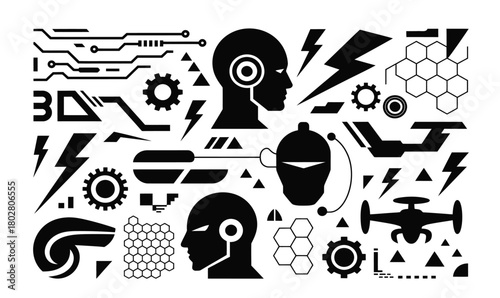 Abstract futuristic technology elements vector design with geometric shapes and ai