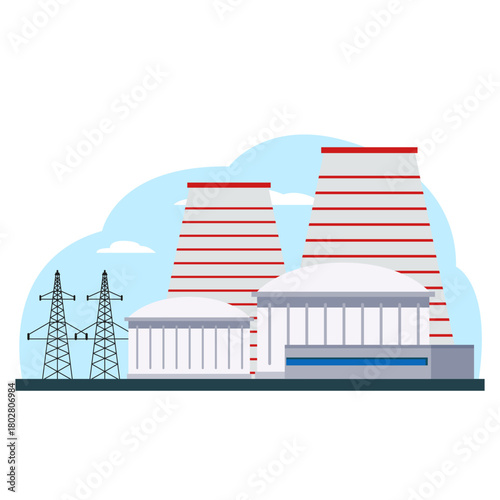Nuclear power plant facility with striped cooling towers and power lines, flat style on white and blue sky background. Concept of energy. Vector illustration