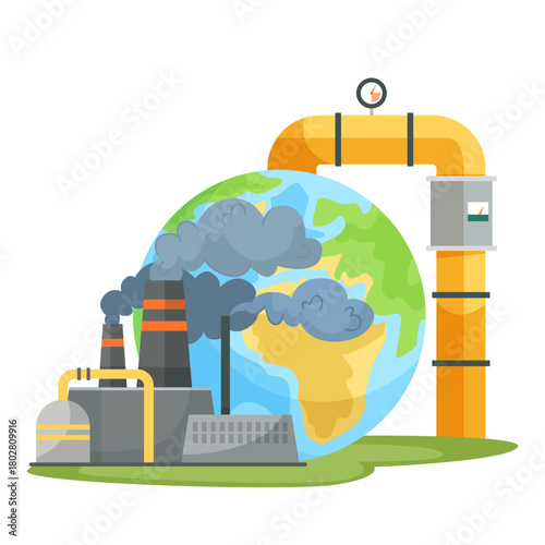 Industrial factory emitting smoke near globe with oil pipeline, flat cartoon style, white background. Concept of environmental pollution. Vector illustration