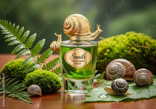 Snails Fresh Green Scent Perfume Bottle with Snail Top, Surrounded by Green Moss, Ferns, and Snails for Natural Beauty Concept.