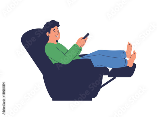 Man relaxing in a recliner chair holding a remote control and a smartphone.