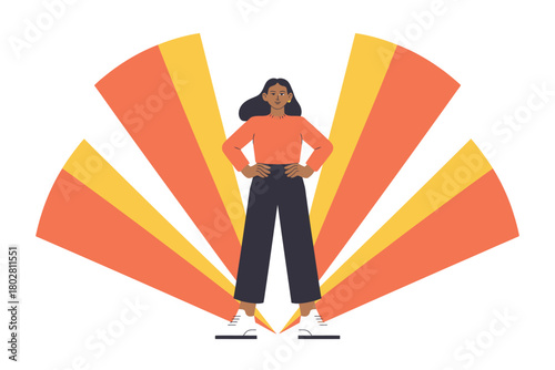 A woman stands confidently with her hands on her hips against a fan of abstract shapes.