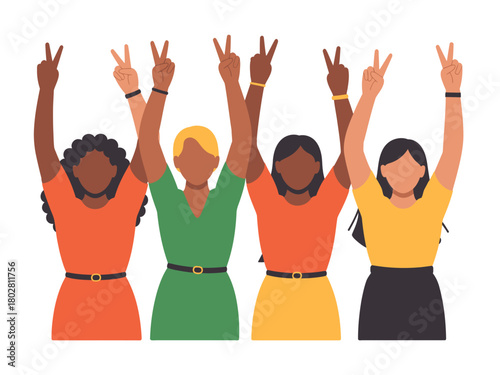 Diverse group of women holding up the peace sign with their hands