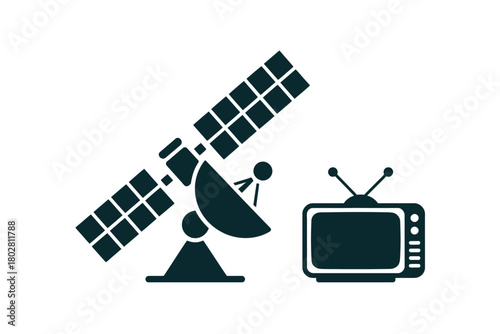 A satellite dish stands next to a vintage television set.