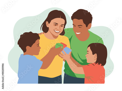 A happy family plays together with colorful blocks indoors.