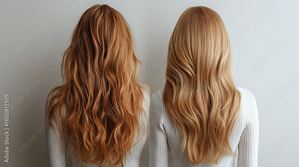 Fototapeta premium Two women with long wavy hair shown from behind, one with copper red waves and one with golden blonde waves, against neutral gray background.