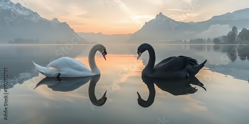 Fototapeta Naklejka Na Ścianę i Meble -  White and black swans facing each other on calm lake at sunrise, with mountain silhouettes creating dramatic backdrop in soft morning light.