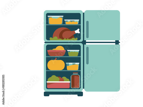 A refrigerator is filled with various foods, including a whole turkey.