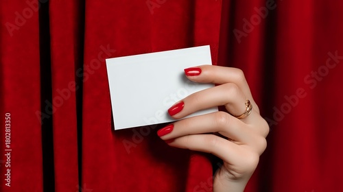 Female hand with red manicure holding blank white card against rich red velvet curtain background, perfect for luxury event invitations.