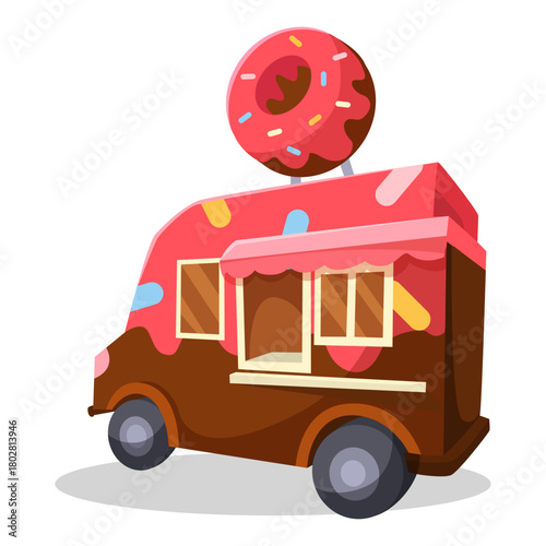 Donut-themed food truck with bright frosting and sprinkles, cartoon style, isolated on white background. Concept of street food business. Vector illustration