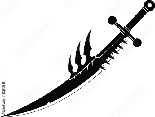 Dark fantasy sword with jagged blade and claw like embellishments