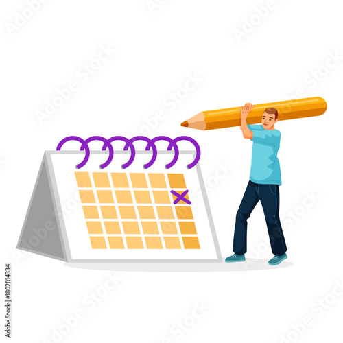 A man holding a big pencil marks a date on a spiral calendar, flat cartoon style, placed on white background. Concept of planning or scheduling. Vector illustration
