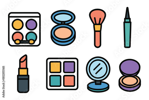 A vibrant assortment of makeup items including eyeshadow palettes, lipstick, powder compacts, a makeup brush, and eyeliner.