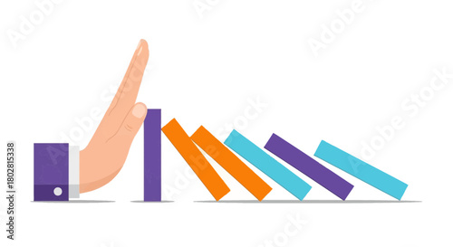 "A colorful vector illustration of a hand preventing dominoes from falling, symbolizing risk management and proactive intervention in business strategies."