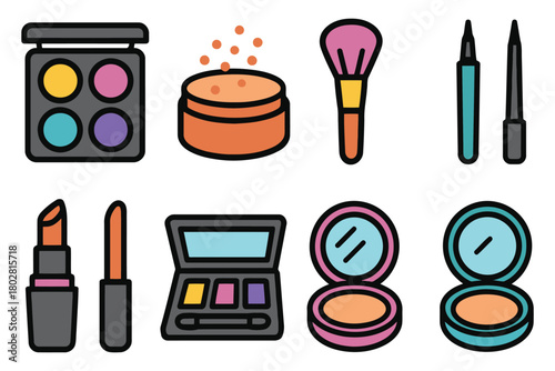 A vibrant assortment of cosmetic items displayed in a clean, organized illustration, showcasing beauty essentials.