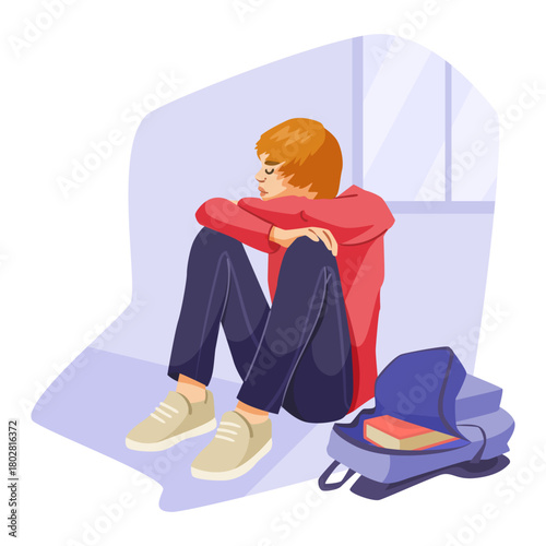 Teen boy sitting alone on floor with arms on knees, cartoon style, indoor school hallway background, concept of loneliness and depression. Vector illustration