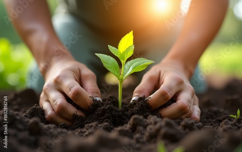 Wallpaper Mural Farmer's hands planting young green seedlings in soil under sunlight. High quality Torontodigital.ca